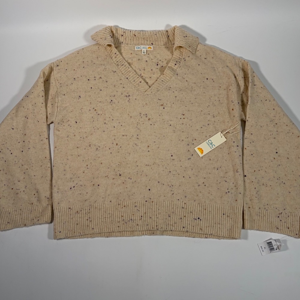 C&C California Sweater XL NWT Beige Speckled Collared V Neck Relaxed Kni - Picture 2 of 7